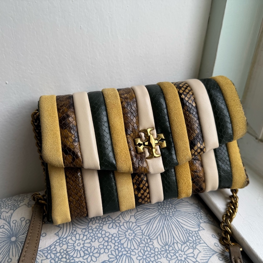 Tory Burch Yellow and Brown Crossbody Bag with Snakeskin Stripes
